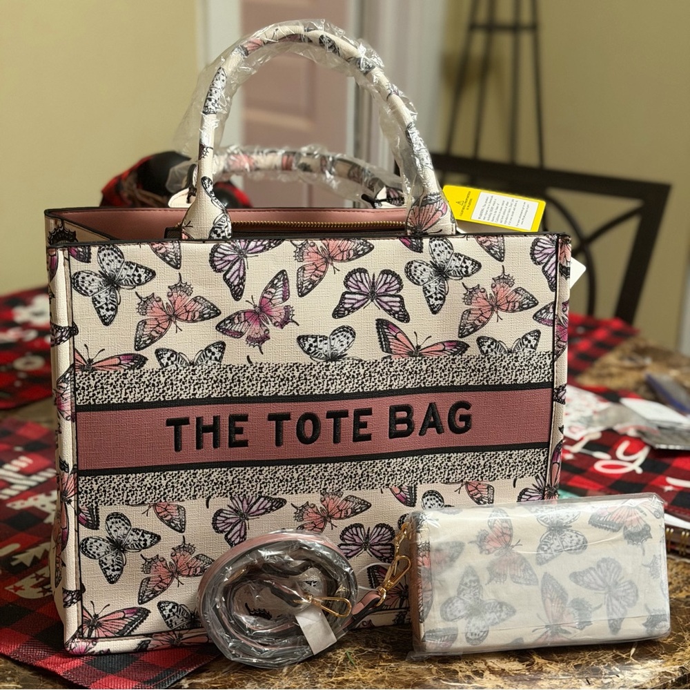 Butterfly Print Tote Bag with Wallet